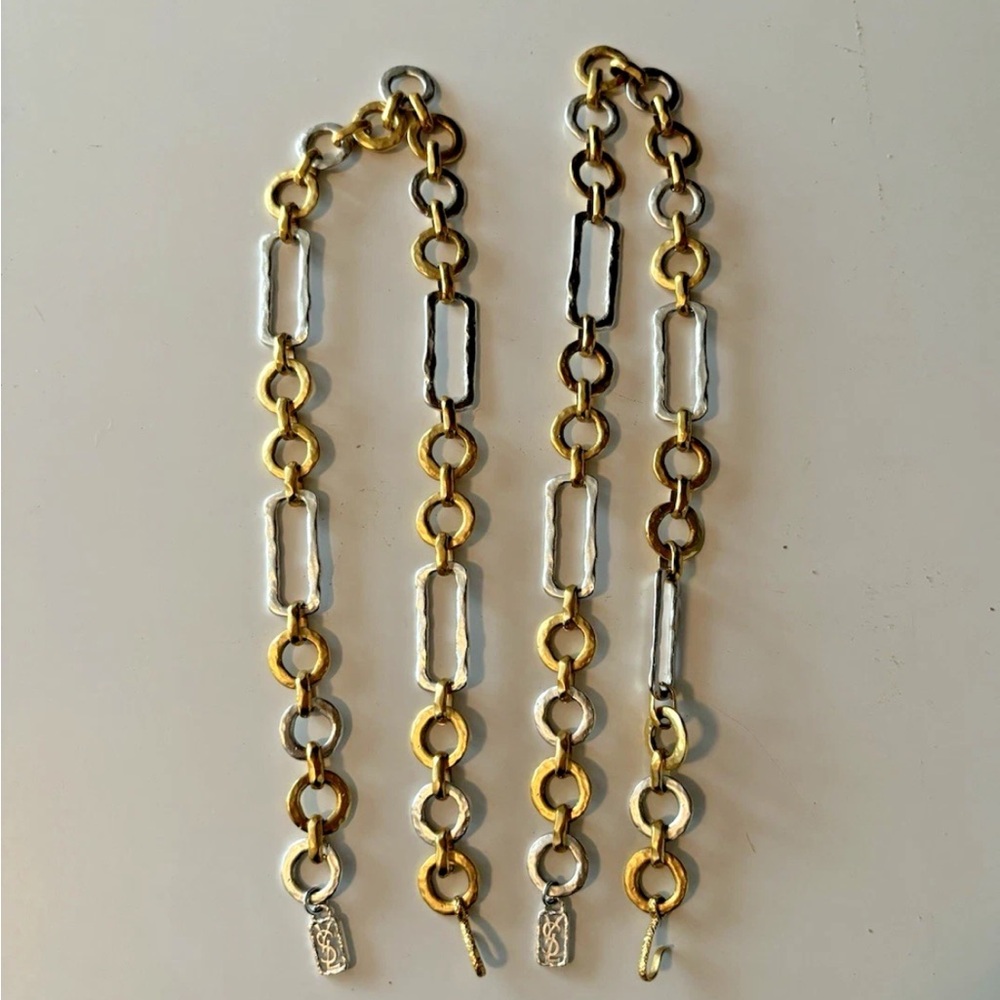 PAIR OF YSL YVES SAINT LAURENT VINTAGE HAMMERED GOLD AND SILVER PLATED NECKLACES